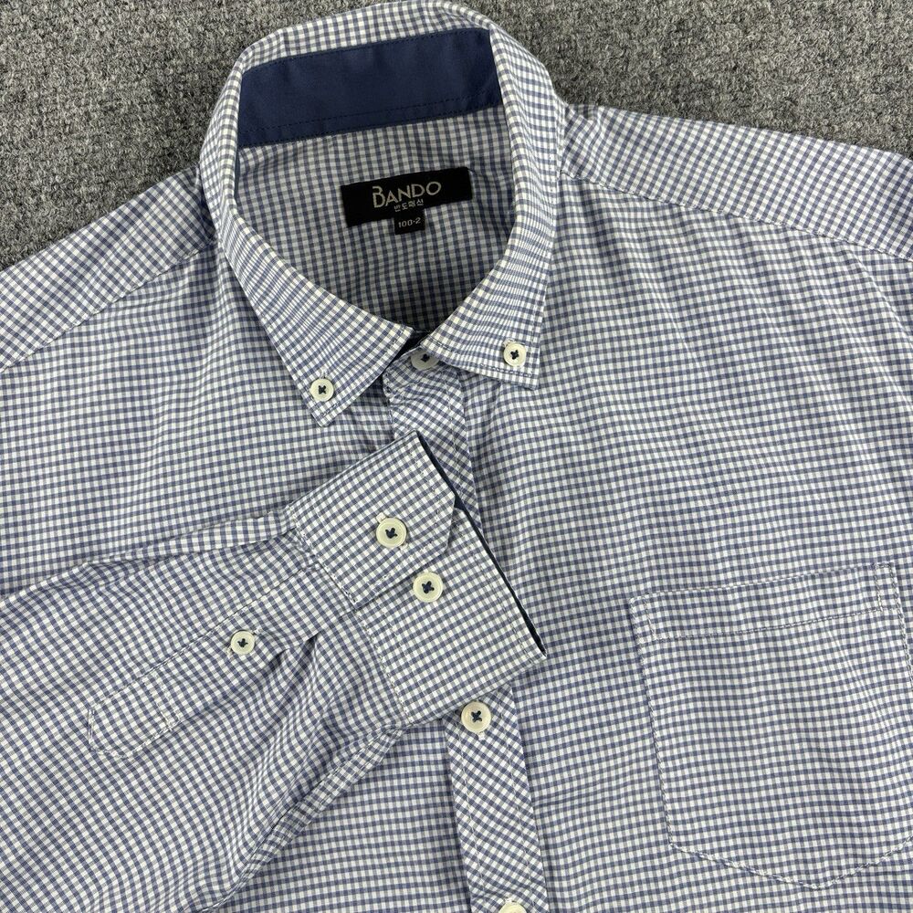BANDO Shirt Mens 100-2 Blue White Gingham Check Pocket Button Down M